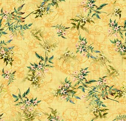 Antique surface floral seamless allover Pattern design, multicolor flowers with multicolor watercolor background texture.