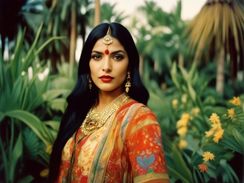 Beautiful Indian Woman Adorned in Classic Saree and Exquisite Gold Jewelry in the garden. Generative AI