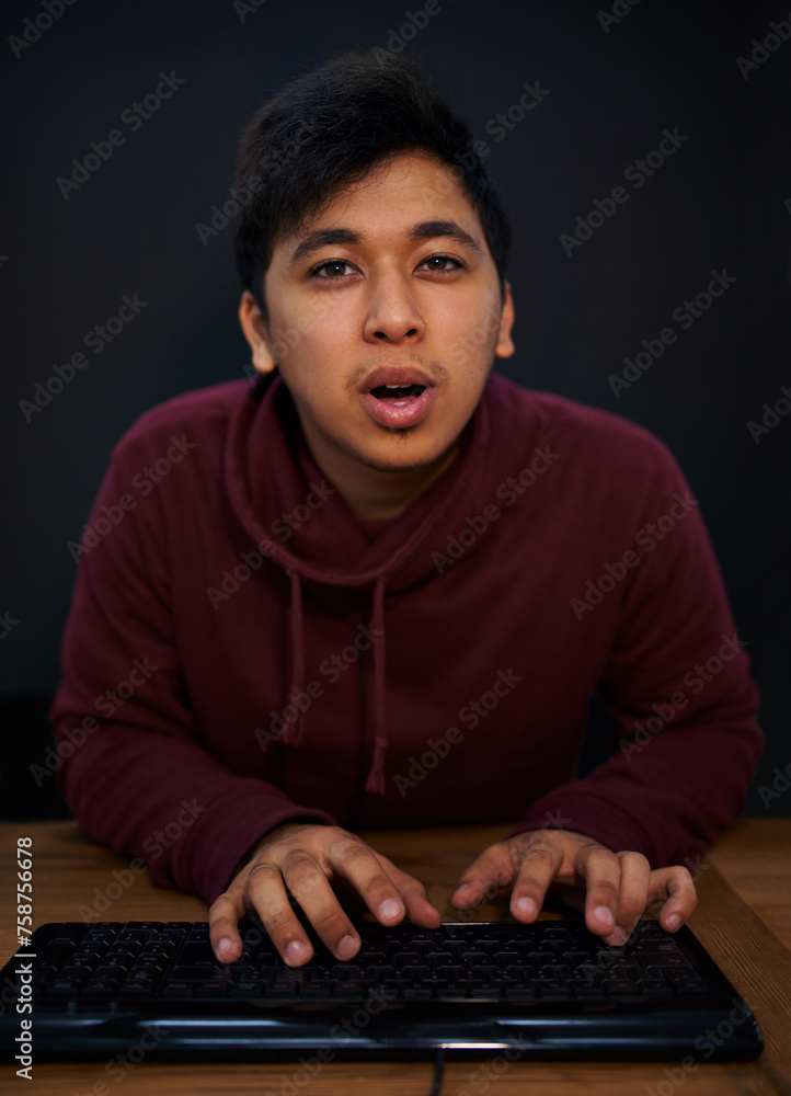 Poster Man, face and keyboard for coding, programmer and information technology with video game or software development. Internet, computer programming and portrait, gamer or developer for cyber security