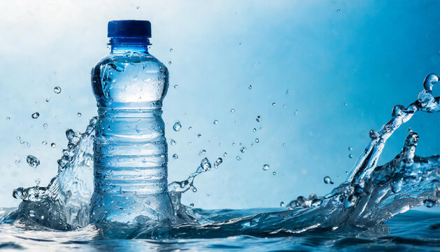 Small plastic bottle with water splash. Mineral water.
