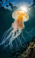 Majestic Underwater View: Illuminated Jellyfish Swimming Gracefully Amidst Sunlit Ocean Waters and Coral Reefs - Perfect for Children’s Books, Wall Art, and Nature Themes - obrazy, fototapety, plakaty