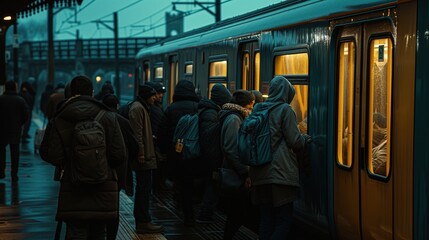 Grupa osób wchodzi do pociągu na dworcu kolejowym. Jest widoczna w słabym świetle zmierzchu, przy tłumie pasażerów i pracowników kolejowych. - obrazy, fototapety, plakaty