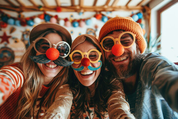 Three friends commemorate Fool's Day, capturing a selfie while wearing clown noses and droll glasses, snickering at a jest. Generated AI - obrazy, fototapety, plakaty