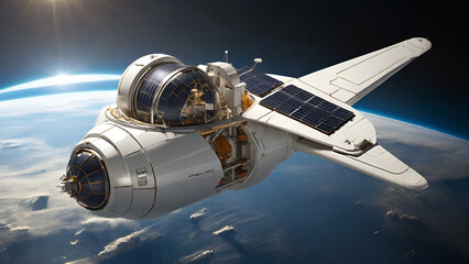 Obraz premium Innovative shape of Satellite for effective telecommunication placed in bitween earth and moon