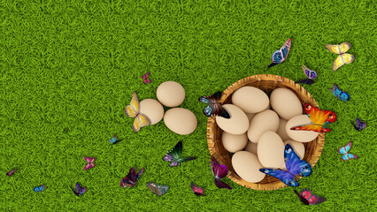 Illustrazione 3D. Primavera, estate, Pasqua. Cestino di uova con prato e farfalle, sullo sfondo cielo e alberi. Margherite e fiori colorano il prato verde..