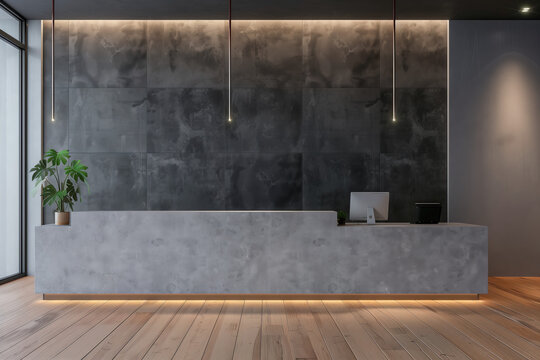 Stylish Reception Area with Ambient Lighting. An inviting reception space highlighted by a modern desk, ambient lighting, and a touch of greenery against a textured backdrop.