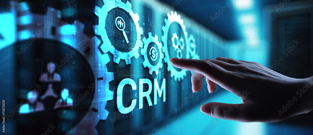 Poster crm - customer relationship management automation system software. business and technology concept.