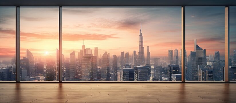 City skyline buildings visible from tall building window. Luxurious real estate view from empty room. Wall mockup with skyscrapers in cityscape at sunset.