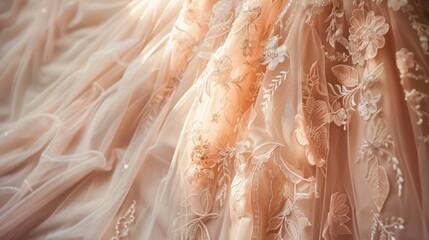 Ethereal blush bridal gown with lace detail - obrazy, fototapety, plakaty