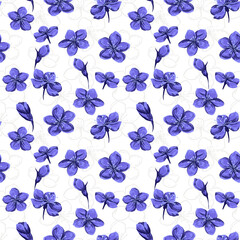 Abstract artistic ditsy flowers and buds seamless pattern on a white background. Vector hand drawn illustration. Blooming blue wild floral ornament. Template for designs, textiles, fabric