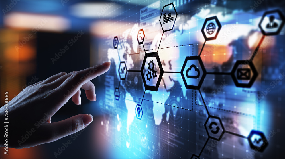 Poster automation and smart industry 4.0, internet of things, iot, gears and system structure on virtual sc