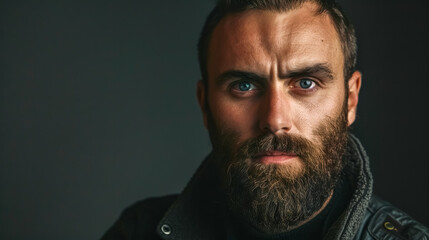 Close-up of a bearded man with intense gaze against dark background