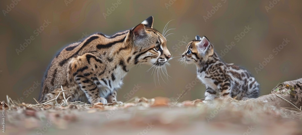 Poster marbled cat and kitten portrait with empty space on left for text, object on right side