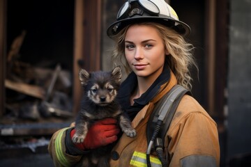 Female firefighter with puppy in front of burnt house, symbolizing international firefighters day - obrazy, fototapety, plakaty