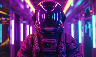 Purple Neon Space Journey Astronaut in a Futuristic Space Suit Generative AI - obrazy, fototapety, plakaty