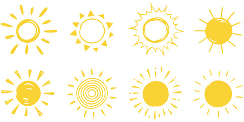 Variants of the drawn sun. Vector yellow sun of stylish children's drawing. Set of the sun with different rays.
