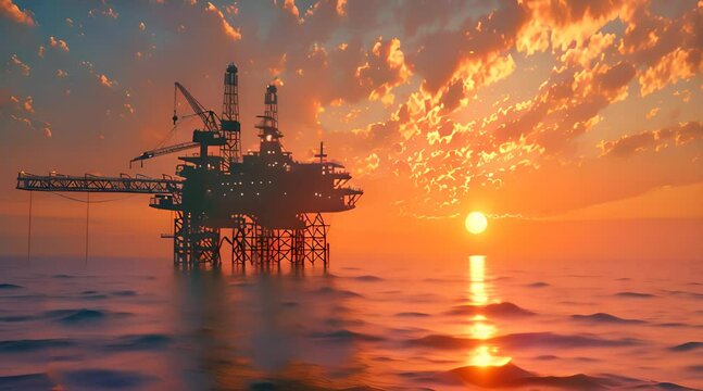 Sunset on the Horizon: Offshore Oil Platform Drilling into the Depths of the Ocean