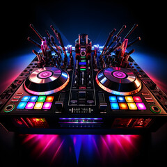 Fototapeta na wymiar Dynamic Image of a Modern DJ Set in Action: Mixing Music & Creating Vibes