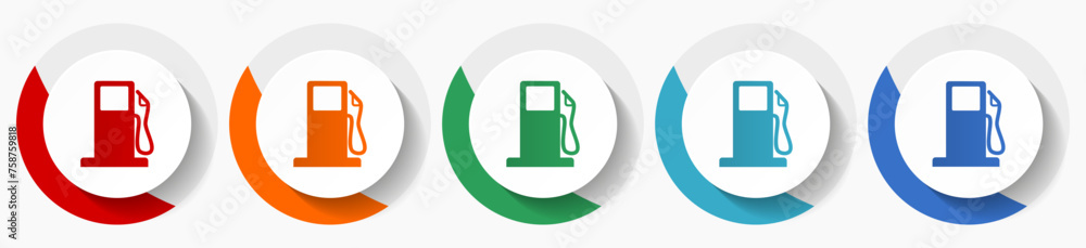 Aufkleber Gas station vector icon set, flat icons for logo design, webdesign and mobile applications, colorful round buttons
