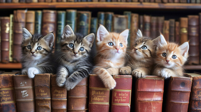 Adorable Kittens on Vintage Bookshelf: Cute Baby Cats Among Classic Literature Collection in a Cozy Library Setting - Perfect for Children’s Books, Wall Art, and Nature Themes