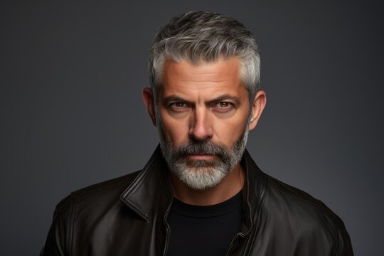 Portrait of a serious mature man with gray hair and beard, wearing a leather jacket.