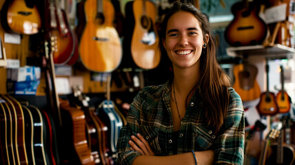 A young American woman smiling in her own musical instrument store, surrounded by various instruments and accessories.