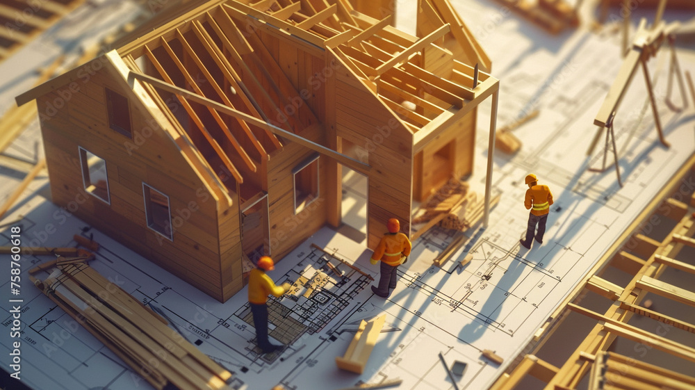 Fototapete construction worker builds house using blueprints it shows the process of translating architectural 