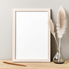 Mockup of the art frame, feather pen and paper