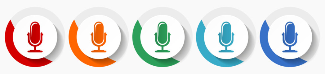 Microphone, podcast vector icon set, flat icons for logo design, webdesign and mobile applications, colorful round buttons