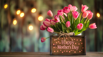 Happy Mother's Day inscription on a card near a vase with colorful flowers.