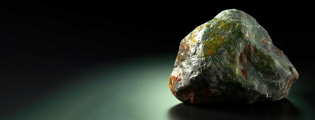 Emmonsite is a rare precious natural stone on a black background. AI generated. Header banner mockup with space.