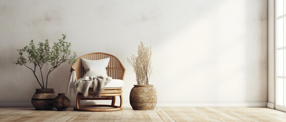 Dive into the world of bohemian elegance with a modern living room adorned with a wicker chair,...