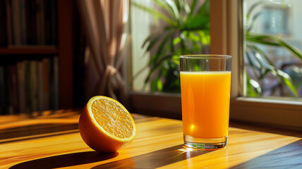 Orange juice on the table in the morning, portraying a refreshing and energizing start to the day. - 758761400