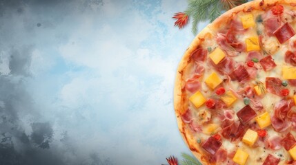 Hawaiian pizza with ham and pineapple on light concrete background, top view with copy space