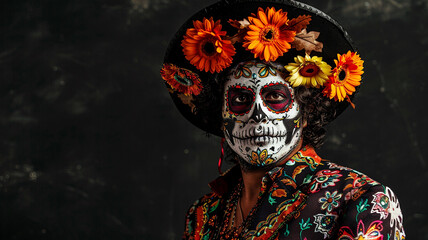 Sugar skull makeup. Halloween party, traditional Mexican carnival. - 758761698