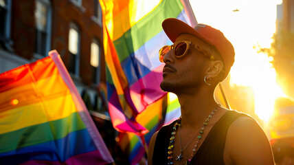 a man with rainbow flags. - Rainbow Pride flag celebration at parade supporting diversity and LGBTQ rights. - 758761803
