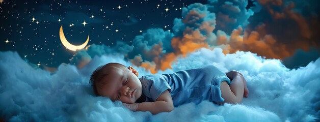 Sleeping Baby in a Blue Onesie on a Cloudy Night Generative AI - obrazy, fototapety, plakaty