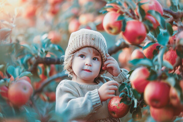 Cute boy farmer picking apples in the garden.