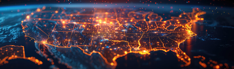 An illuminated digital map of the United States showcasing a vibrant network of connections and data flow. - obrazy, fototapety, plakaty