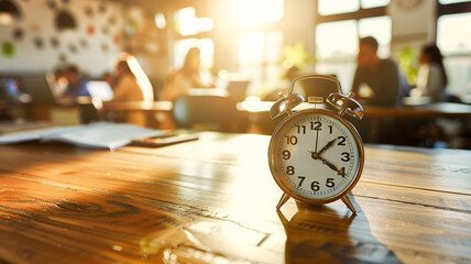 An alarm clock placed on a desk in an office, indicating the passage of time and the start of the workday. - 758762233