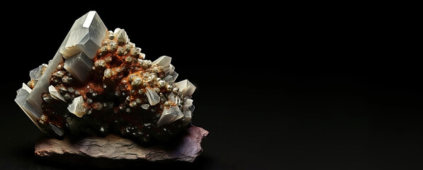 Safflorite is a rare precious natural stone on a black background. AI generated. Header banner mockup with space.