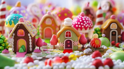 nice and cute caramel village, all the houses are made of cookies, berries like trees, village of sweet products