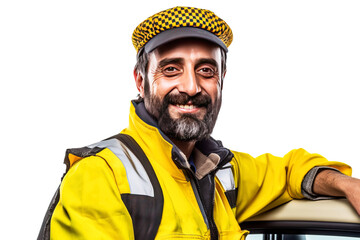 Close-up of smiling male taxi driver in uniform, car yellow background isolate. - obrazy, fototapety, plakaty