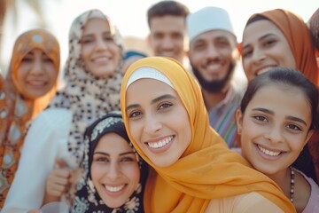 A diverse group of people from different cultures celebrating Eid al-Fitr together