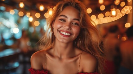Fototapeta premium laughing and having fun and dancing girl in ruby red dress on red flowers background