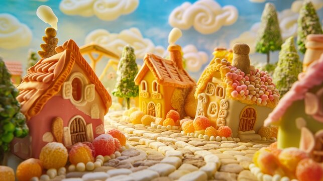 nice and cute caramel village, all the houses are made of cookies, berries like trees, village of sweet products
