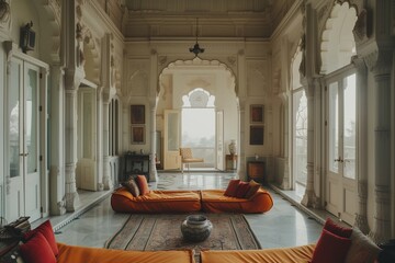 An Indian palace infused with AI aesthetics, marrying traditional craftsmanship with modern design elements.