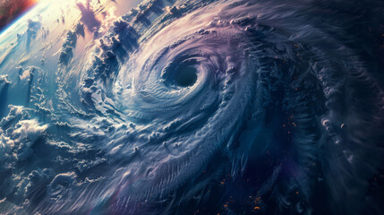 Space view of the eye of a gigantic hurricane swirling above the Earth