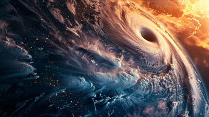 Space view of the eye of a gigantic hurricane swirling above the Earth
