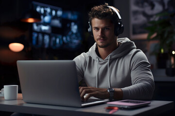 young caucasian Man sitting at kitchen table with digital laptop and keeping hand near black headphones. serious caucasian blogger making business content at home. man wearing earphones using computer